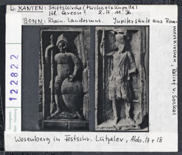 Vorschaubild links: Xanten Stiftskirche (Michaelskapelle) Hl. Gereon? 11Jh.
Rechts:Bonn: Rheinisches Landesmuseum, Jupitersäule aus Romerskirchen, Relief und Sockel Diasammlung